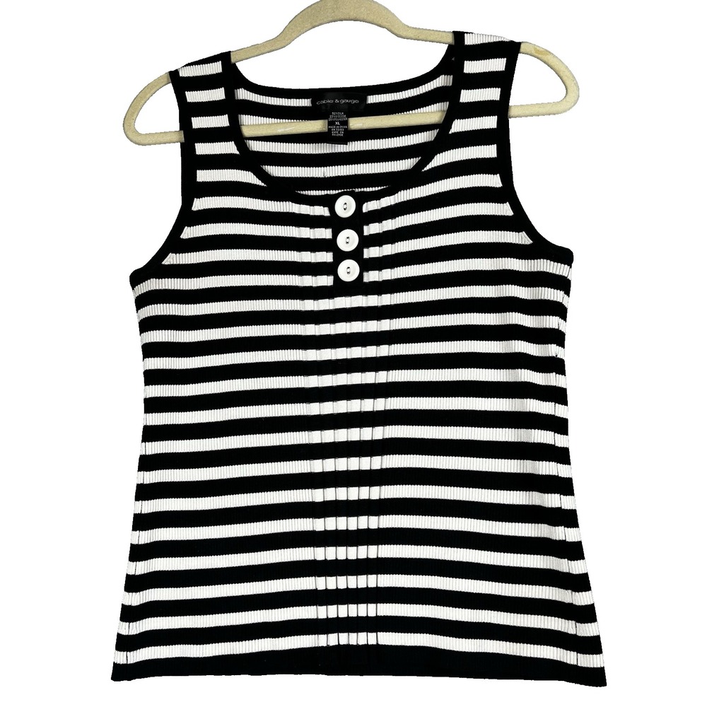 Cable & Gauge Womens XL Silk Blend Tank Top Striped Ribbed Knit Button